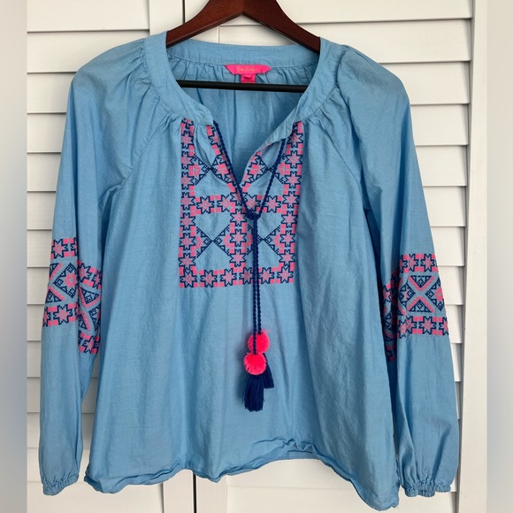 Lilly Pulitzer Cecile Zanzibar Blue Embroidered Long Dolman Sleeve Top - Picture 2 of 7
